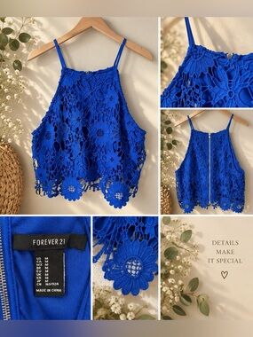 Forever 21 Royal Blue Floral Crochet Halter Top